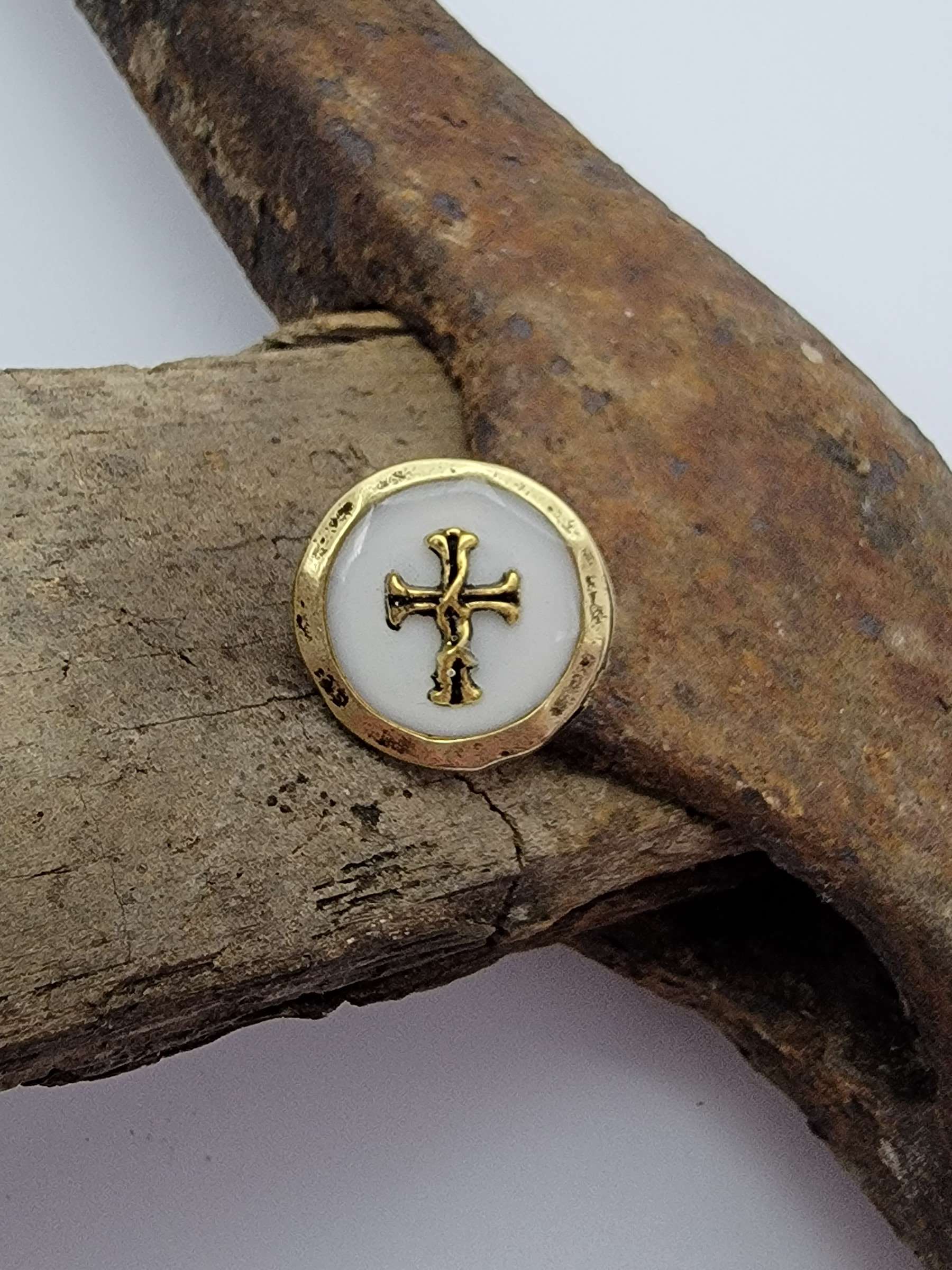 Round Antique Gold Tack Pin with White Background and a Gold Cross in the  Center TG